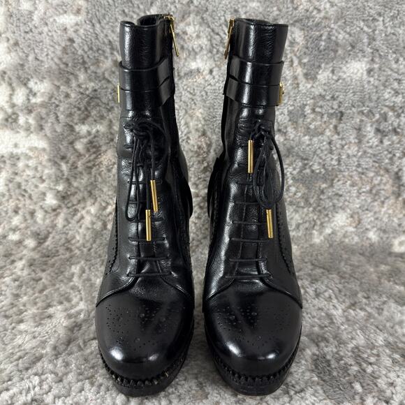 BURBERRY Size 39EU 9US Black Leather Brogue Manners 100 Platform Boots Buckle - Picture 2 of 8